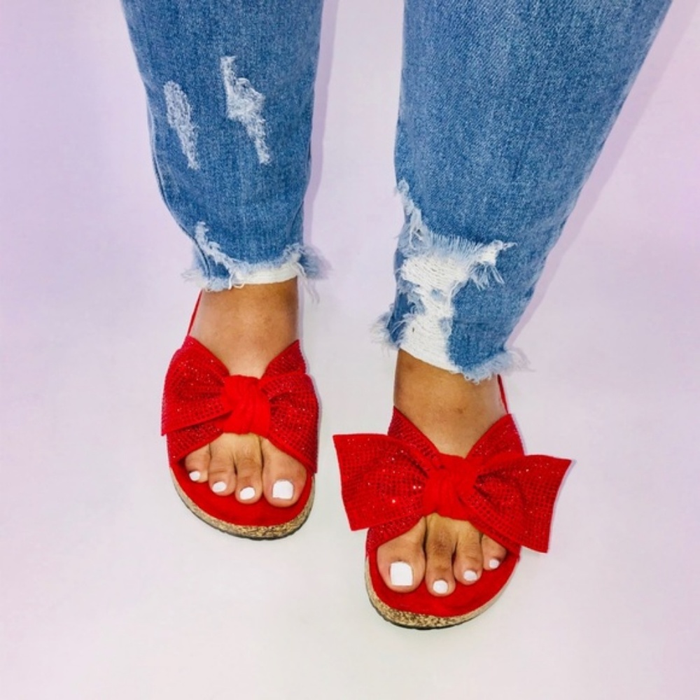 Size 6 Left!! Embellished Bow Cork Slides in Red - Picture 5 of 8